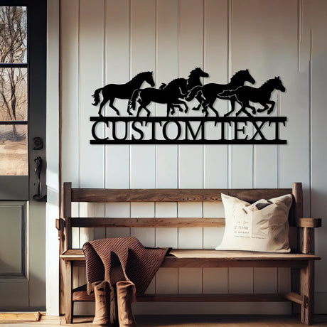 Silhouette of galloping horses custom metal garden sign.