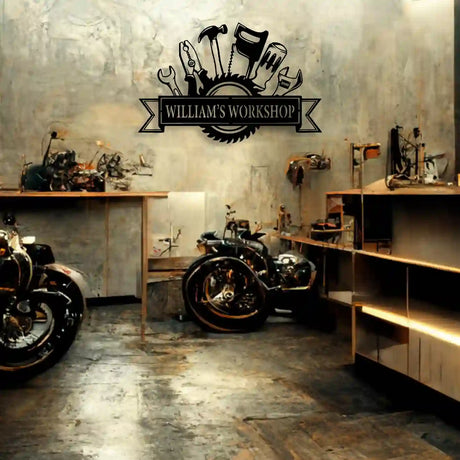 Personalized metal sign for workshops - custom decor for home office, garage, or workspace.