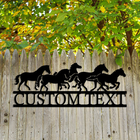 Personalized garden decor with running horses motif.