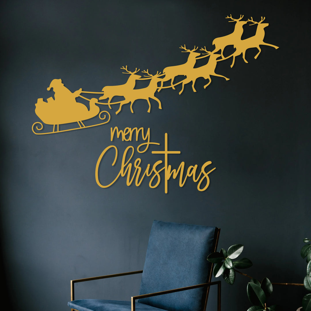 Merry Christmas Metal Wall Art - Santa'S Sleigh Livingroom Decor