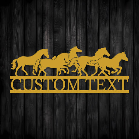 Black metal wall art of galloping horses for outdoor use.