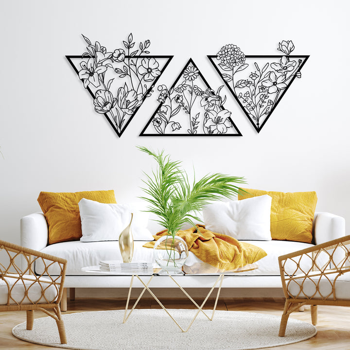 Metal Flower Wall Art in a Large Triangle Frame (Set of 3)