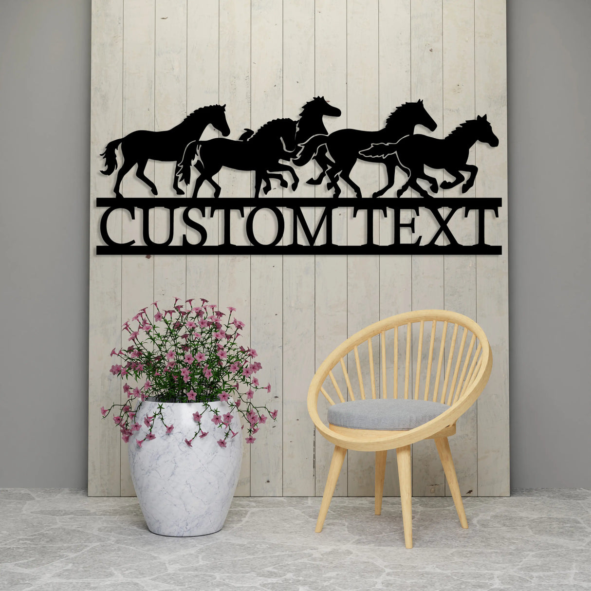 Customizable metal sign with elegant galloping horses.