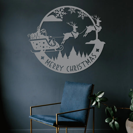 Merry Christmas Metal Wall Art - Santa Riding Sleigh Decor - BrossHome Metal Wall Art
