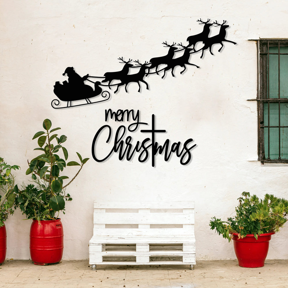 Merry Christmas Metal Wall Art - Santa'S Sleigh Livingroom Decor - BrossHome Metal Wall Art