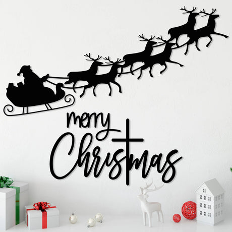 Merry Christmas Metal Wall Art - Santa'S Sleigh Livingroom Decor - BrossHome Metal Wall Art