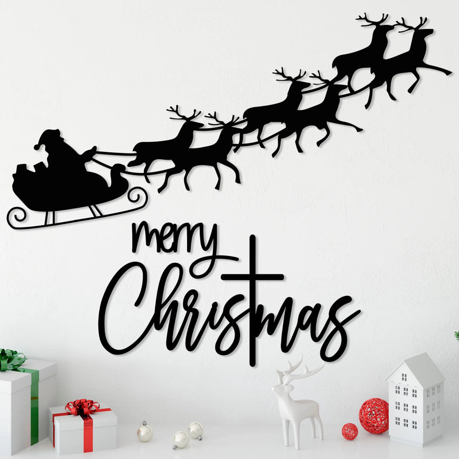 Merry Christmas Metal Wall Art - Santa'S Sleigh Livingroom Decor - BrossHome Metal Wall Art