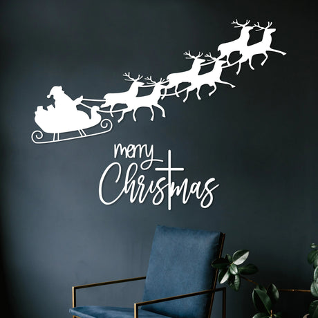 Merry Christmas Metal Wall Art - Santa'S Sleigh Livingroom Decor - BrossHome Metal Wall Art