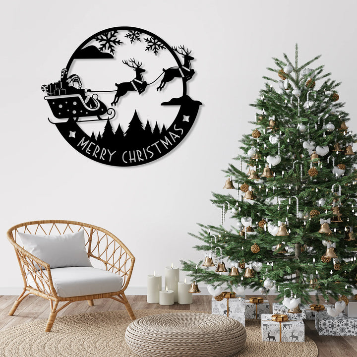 Merry Christmas Metal Wall Art - Santa Riding Sleigh Decor