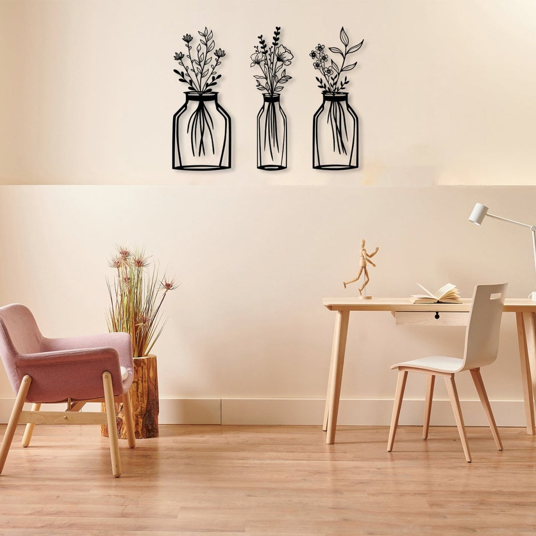 Metal Flower Vase Wall Art (3 pieces) - BrossHome Metal Wall Art