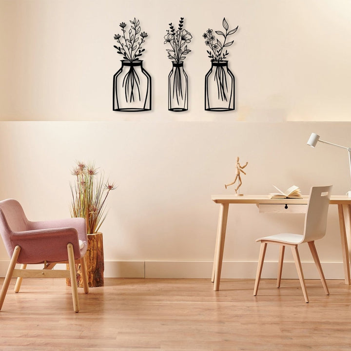 Metal Flower Vase Wall Art (3 pieces) - BrossHome Metal Wall Art