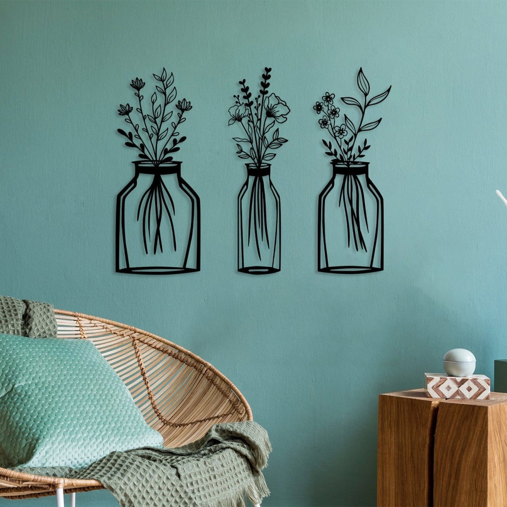 Metal Flower Vase Wall Art (3 pieces) - BrossHome Metal Wall Art