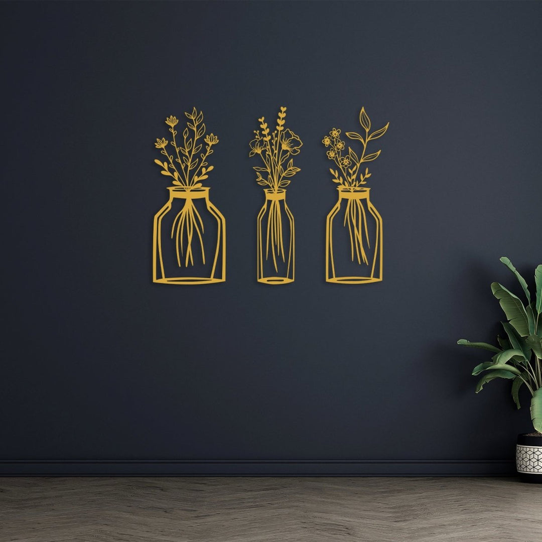 Metal Flower Vase Wall Art (3 pieces) - BrossHome Metal Wall Art