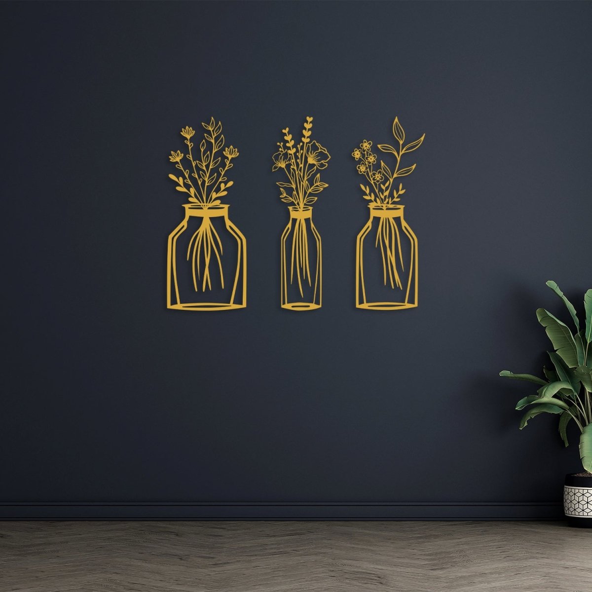 Metal Flower Vase Wall Art (3 pieces) - BrossHome Metal Wall Art