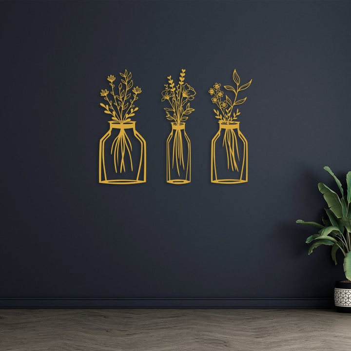 Metal Flower Vase Wall Art (3 pieces) - BrossHome Metal Wall Art