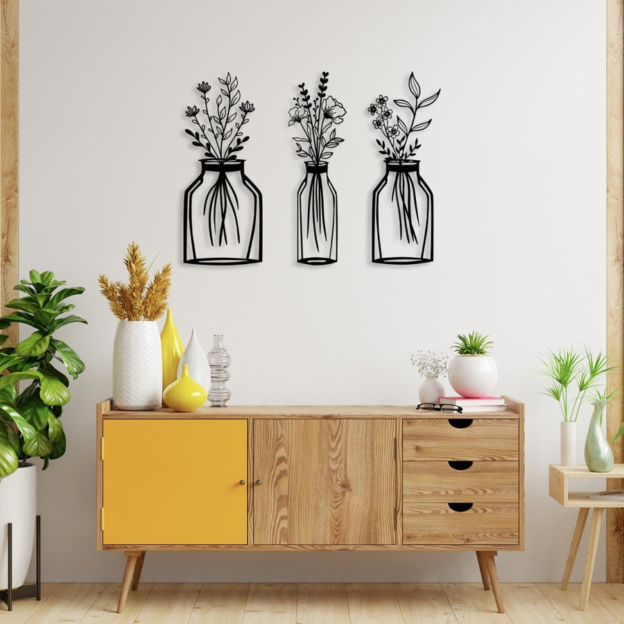 Metal Flower Vase Wall Art (3 pieces) - BrossHome Metal Wall Art
