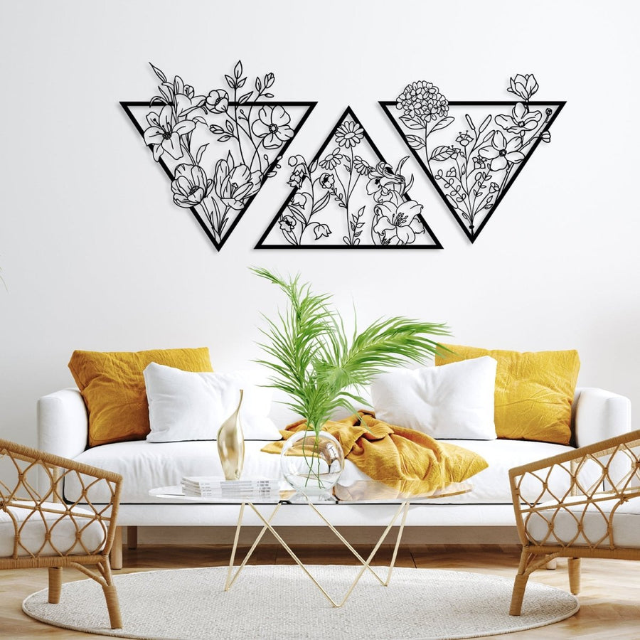 Metal Flower Wall Art in a Large Triangle Frame (Set of 3) - BrossHome Metal Wall Art