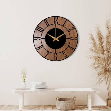 METAL WALL CLOCK WITH WOODEN BACKGROUND - BrossHome Metal Wall Art
