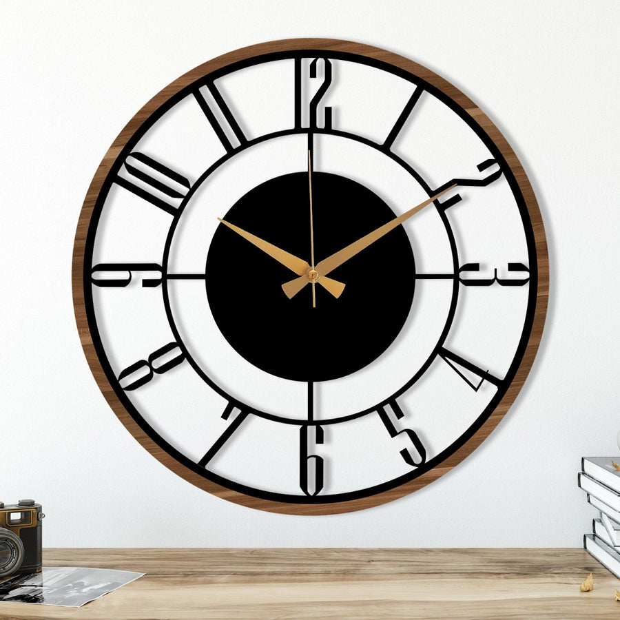 METAL WALL CLOCK with Wooden Corners - BrossHome Metal Wall Art