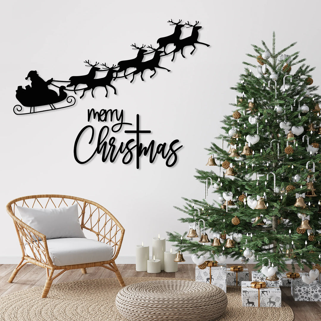 Merry Christmas Metal Wall Art - Santa'S Sleigh Livingroom Decor