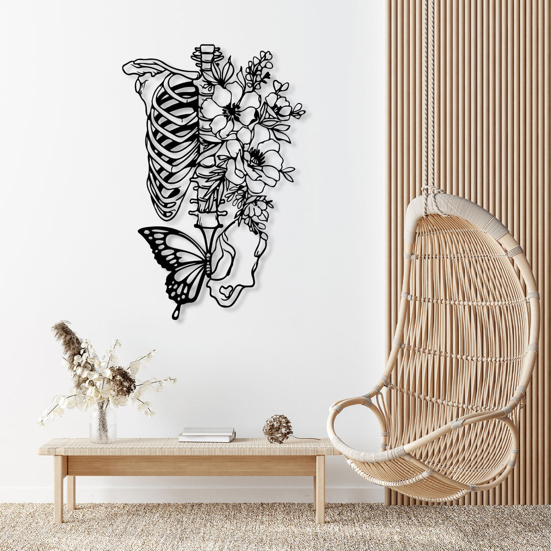 Butterfly Metal Wall Art with Skeleton and Flower
