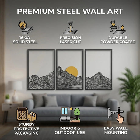 Minimalist Mountain & Golden Sun Metal Wall Art (Set of 3) - BrossHome Metal Wall Art