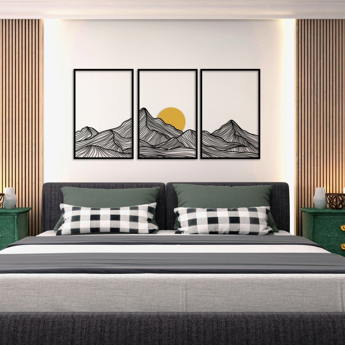 Minimalist Mountain & Golden Sun Metal Wall Art (Set of 3) - BrossHome Metal Wall Art
