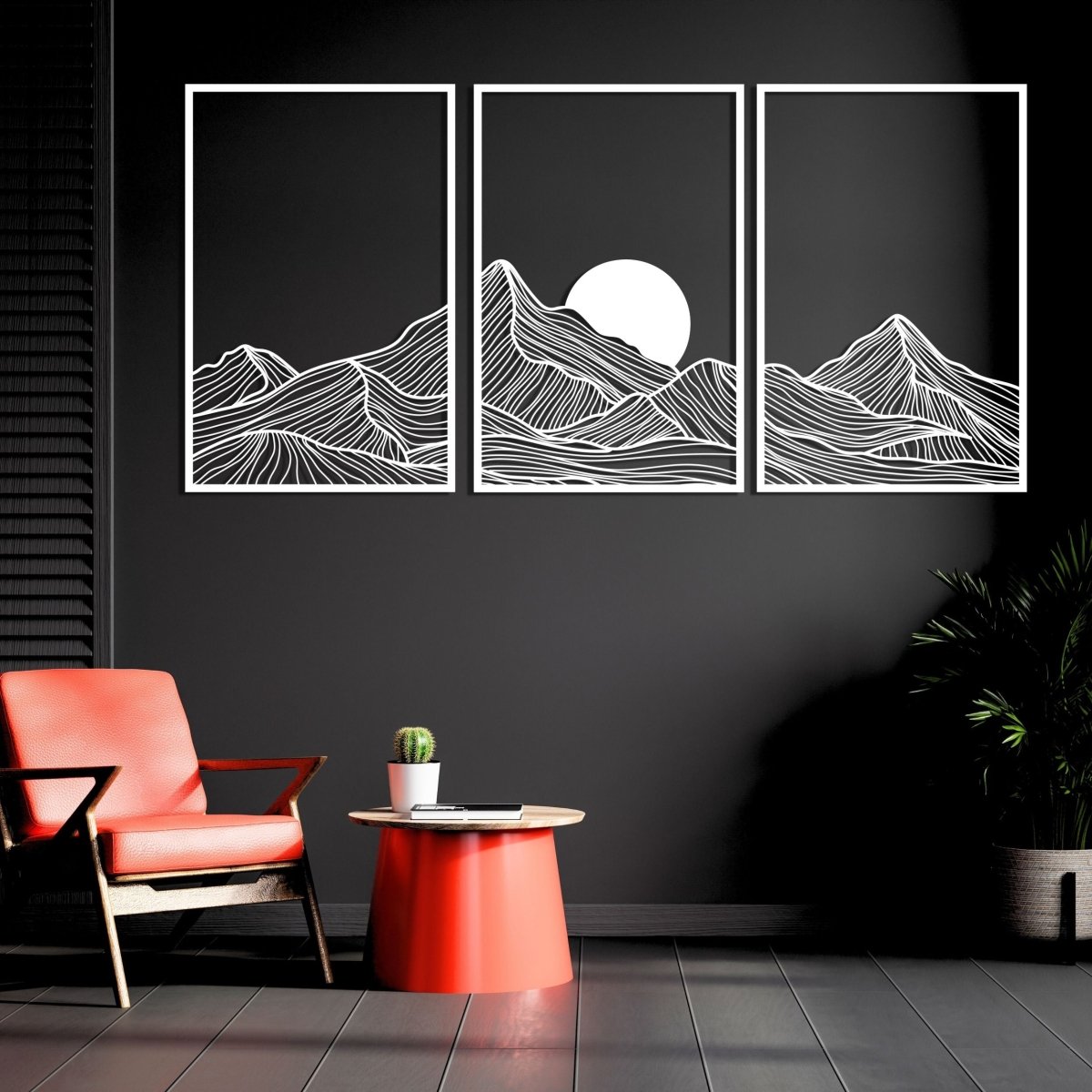 Minimalist Mountain & Golden Sun Metal Wall Art (Set of 3) - BrossHome Metal Wall Art