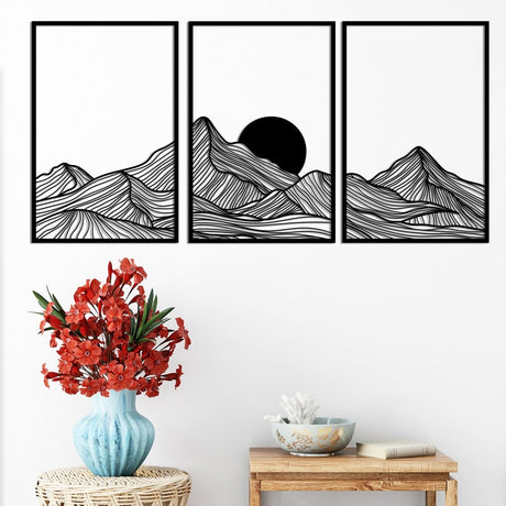 Minimalist Mountain & Golden Sun Metal Wall Art (Set of 3) - BrossHome Metal Wall Art
