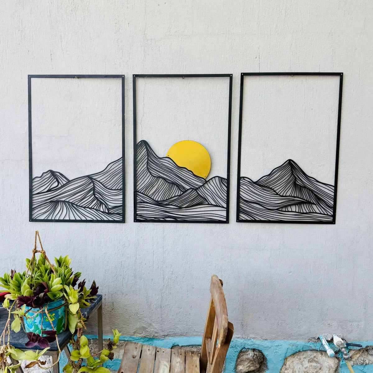 Minimalist Mountain & Golden Sun Metal Wall Art (Set of 3) - BrossHome Metal Wall Art