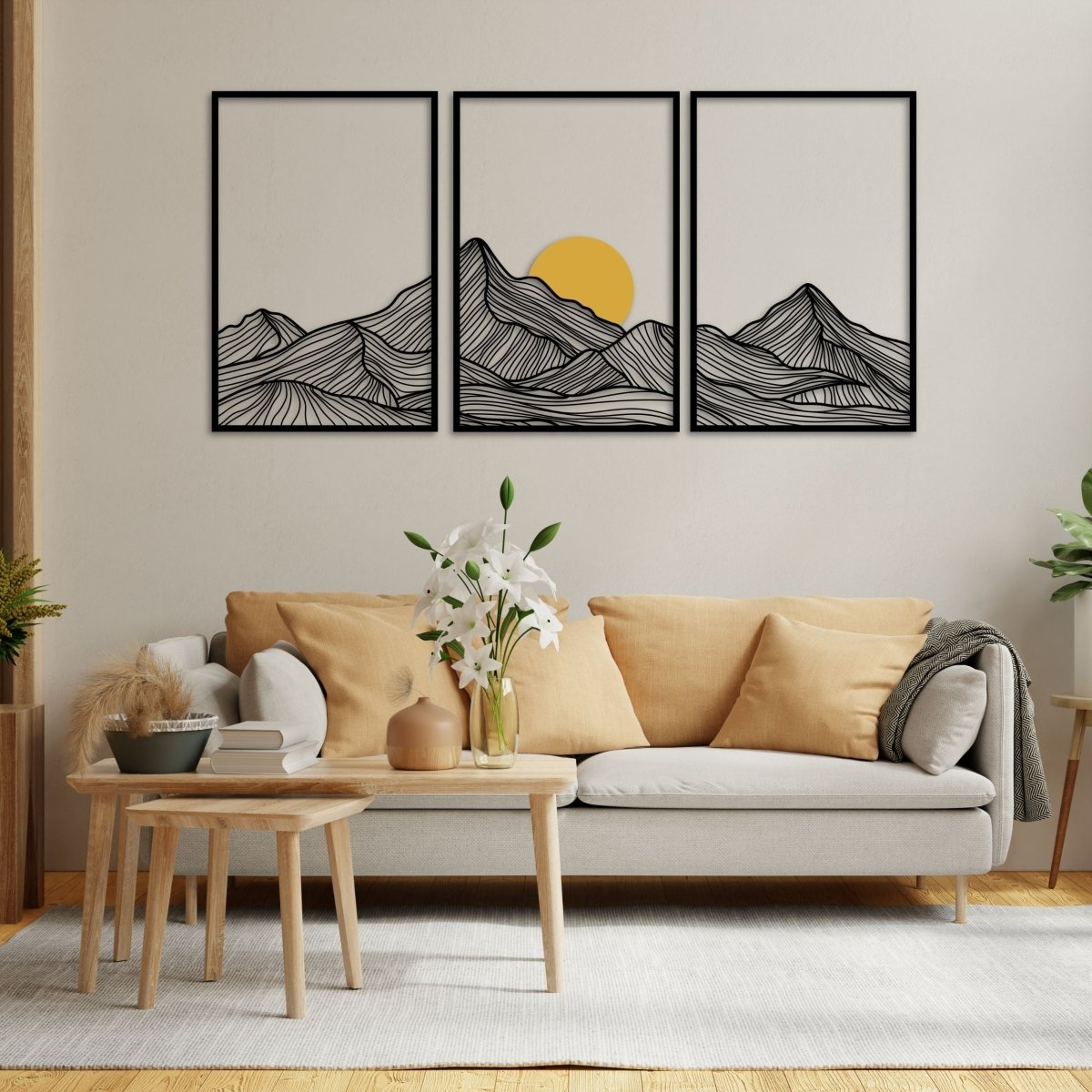 Minimalist Mountain & Golden Sun Metal Wall Art (Set of 3) - BrossHome Metal Wall Art