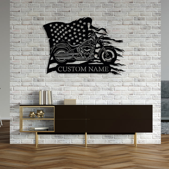 Custom Motorcycle Metal With US Flag Wall Art