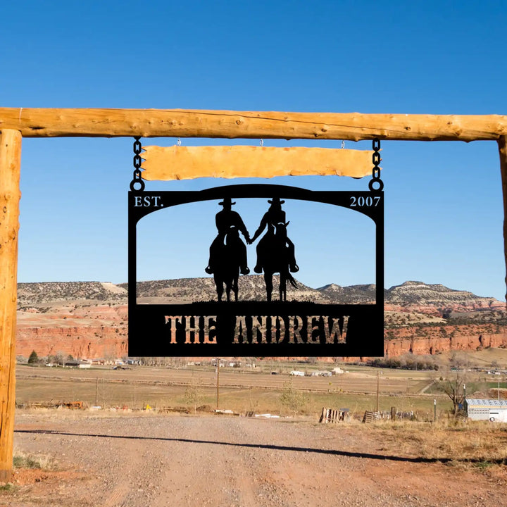 Personalized Metal Ranch Sign with Two Cowboys on Horses - BrossHome Metal Wall Art