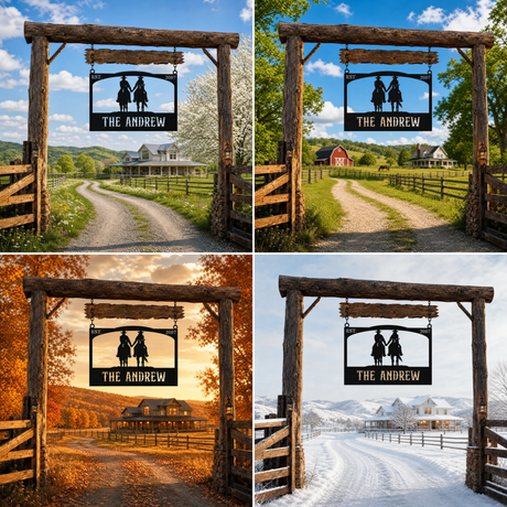 Personalized Metal Ranch Sign with Two Cowboys on Horses - BrossHome Metal Wall Art