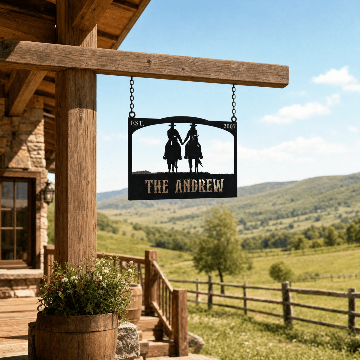 Personalized Metal Ranch Sign with Two Cowboys on Horses - BrossHome Metal Wall Art