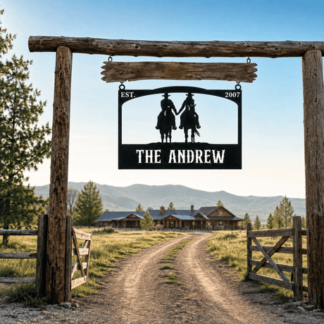 Personalized Metal Ranch Sign with Two Cowboys on Horses - BrossHome Metal Wall Art