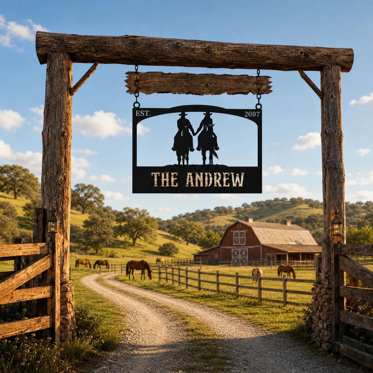 Personalized Metal Ranch Sign with Two Cowboys on Horses - BrossHome Metal Wall Art