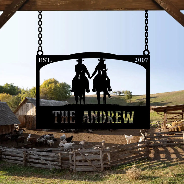 Personalized Metal Ranch Sign with Two Cowboys on Horses - BrossHome Metal Wall Art