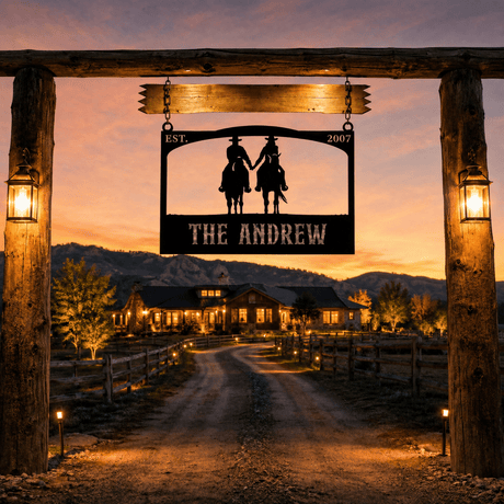 Personalized Metal Ranch Sign with Two Cowboys on Horses - BrossHome Metal Wall Art