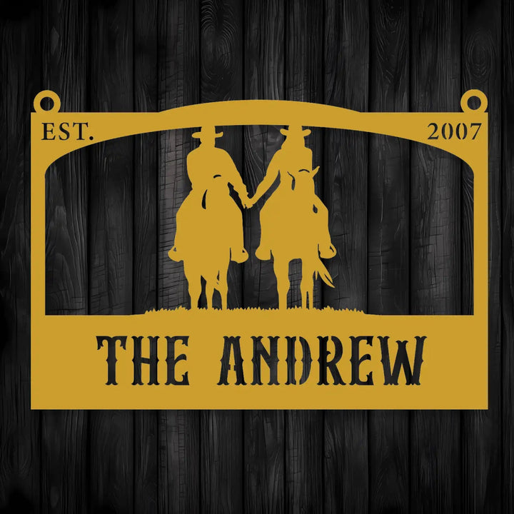 Personalized Metal Ranch Sign with Two Cowboys on Horses - BrossHome Metal Wall Art