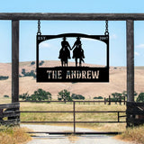 Personalized Metal Ranch Sign with Two Cowboys on Horses - BrossHome Metal Wall Art