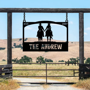 Personalized Metal Ranch Sign with Two Cowboys on Horses