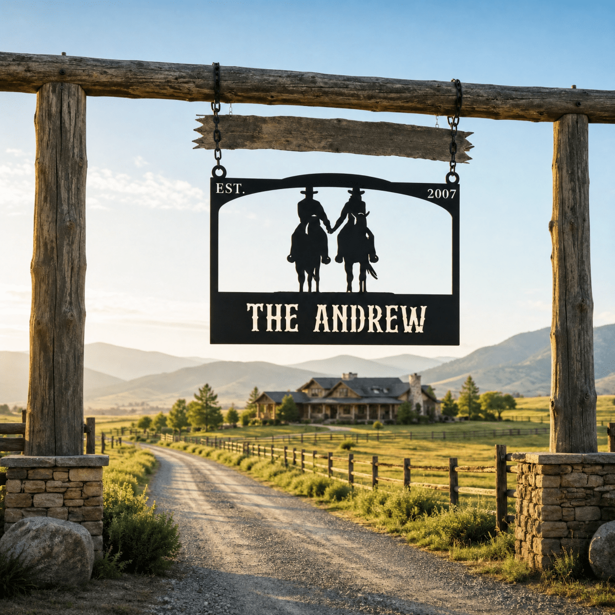 Personalized Metal Ranch Sign with Two Cowboys on Horses - BrossHome Metal Wall Art