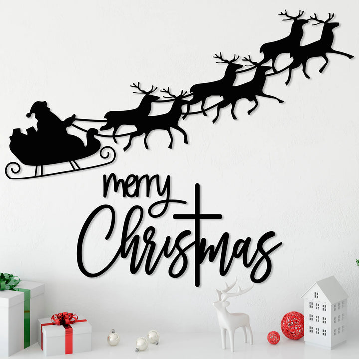 Merry Christmas Metal Wall Art - Santa'S Sleigh Livingroom Decor