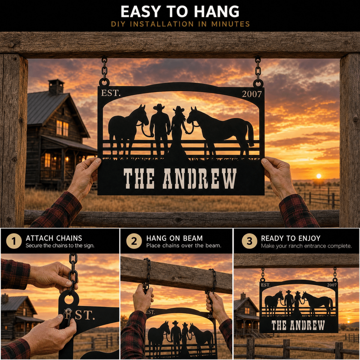 The Andrew Custom Metal Farm Sign - Cowboy and Horses Metal Farm Sign - BrossHome Metal Wall Art