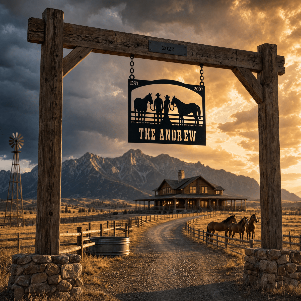 The Andrew Custom Metal Farm Sign - Cowboy and Horses Metal Farm Sign - BrossHome Metal Wall Art