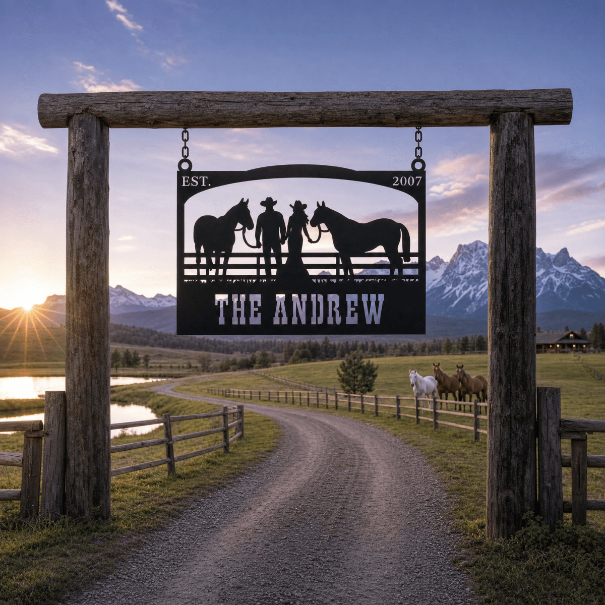 The Andrew Custom Metal Farm Sign - Cowboy and Horses Metal Farm Sign - BrossHome Metal Wall Art