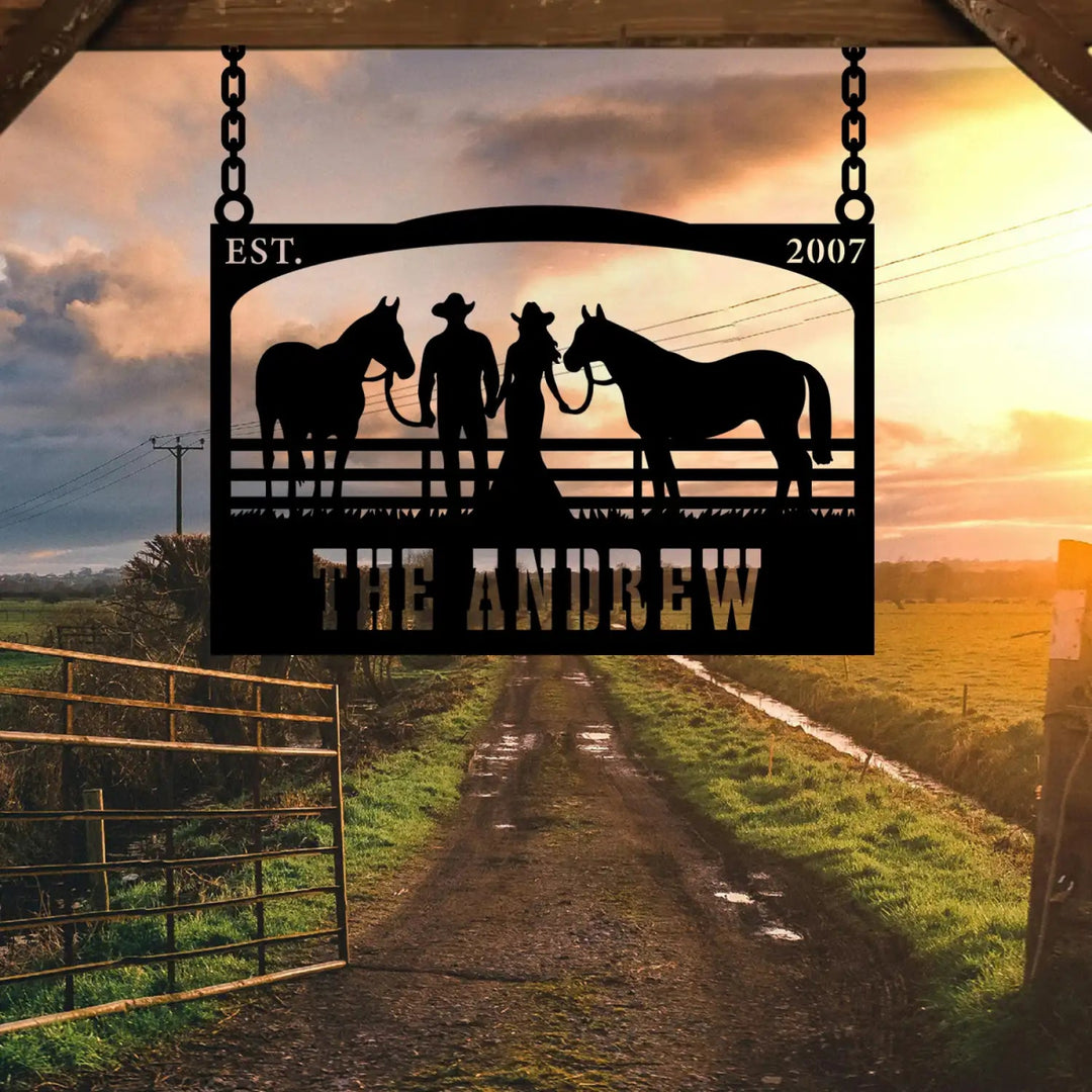 The Andrew Custom Metal Farm Sign - Cowboy and Horses Metal Farm Sign - BrossHome Metal Wall Art
