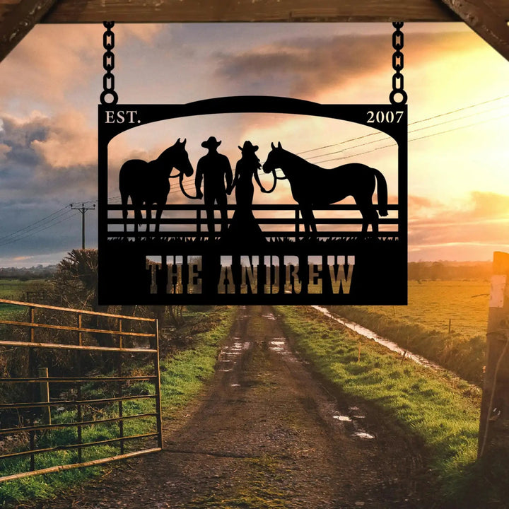 The Andrew Custom Metal Farm Sign - Cowboy and Horses Metal Farm Sign - BrossHome Metal Wall Art