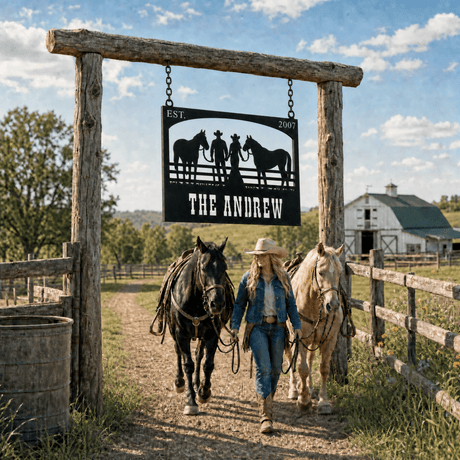 The Andrew Custom Metal Farm Sign - Cowboy and Horses Metal Farm Sign - BrossHome Metal Wall Art